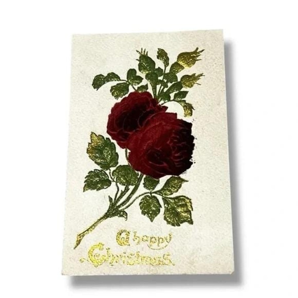 Postcard A Happy Christmas Velvet Appliqué Gilded Embossed Divided Back C261